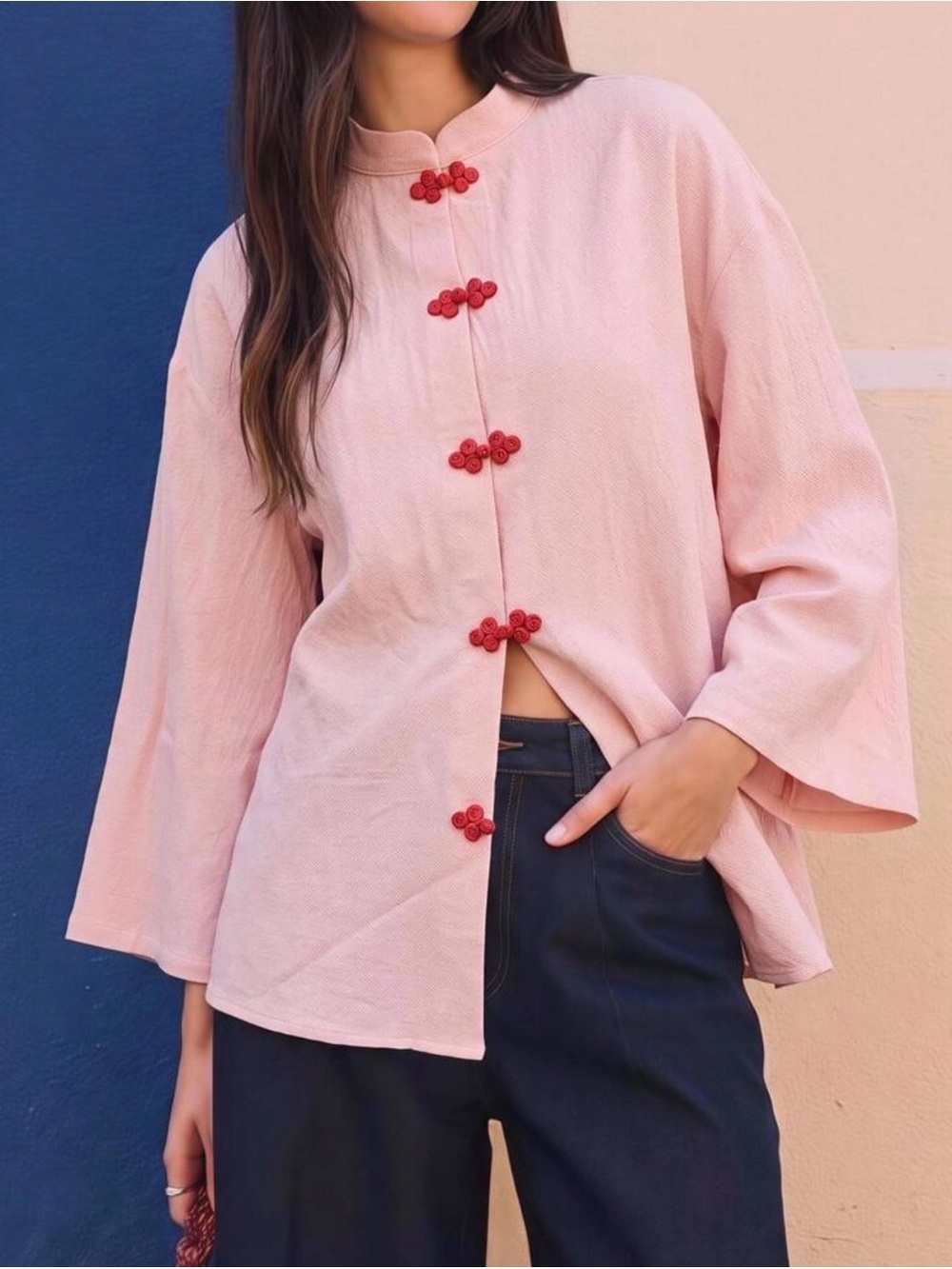 Elegant Pink Mandarin-Collar Tunic with Red Knot Buttons